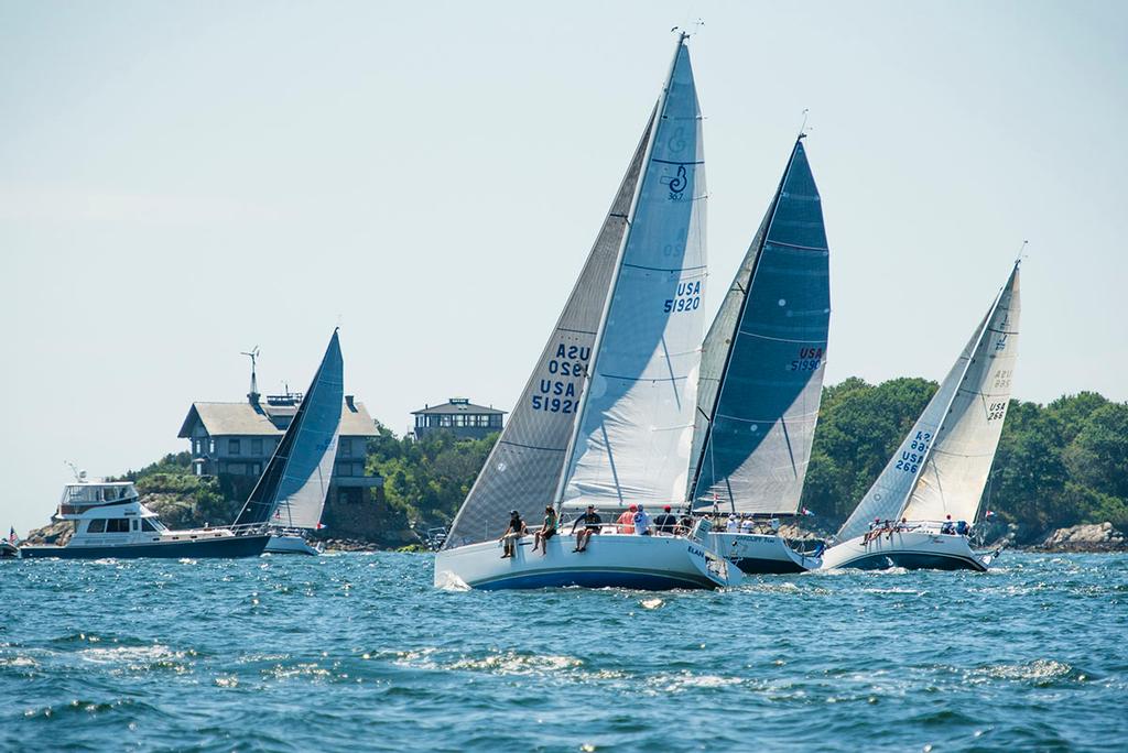 The 2016 Ida Lewis Distance Race fleet heads past The Dumplings in Narragansett Bay. © Cate Brown